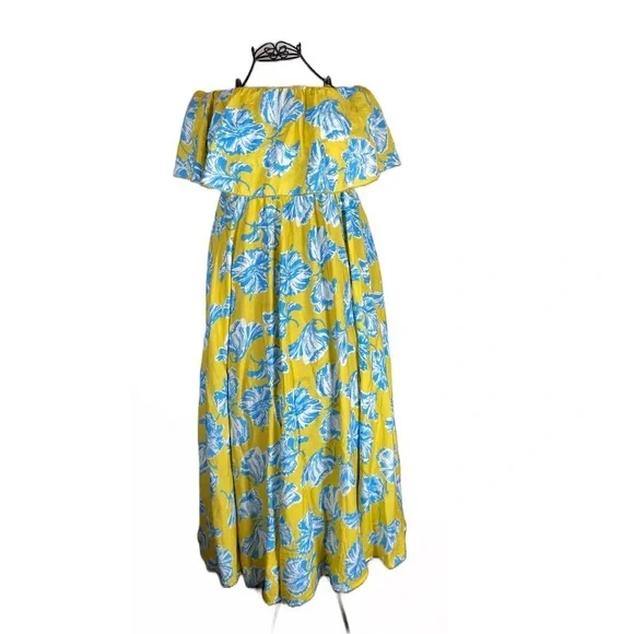 Lulus Love Boldly Yellow Blue Floral Off Shoulder Maxi Dress | Size Small - Picture 2 of 7